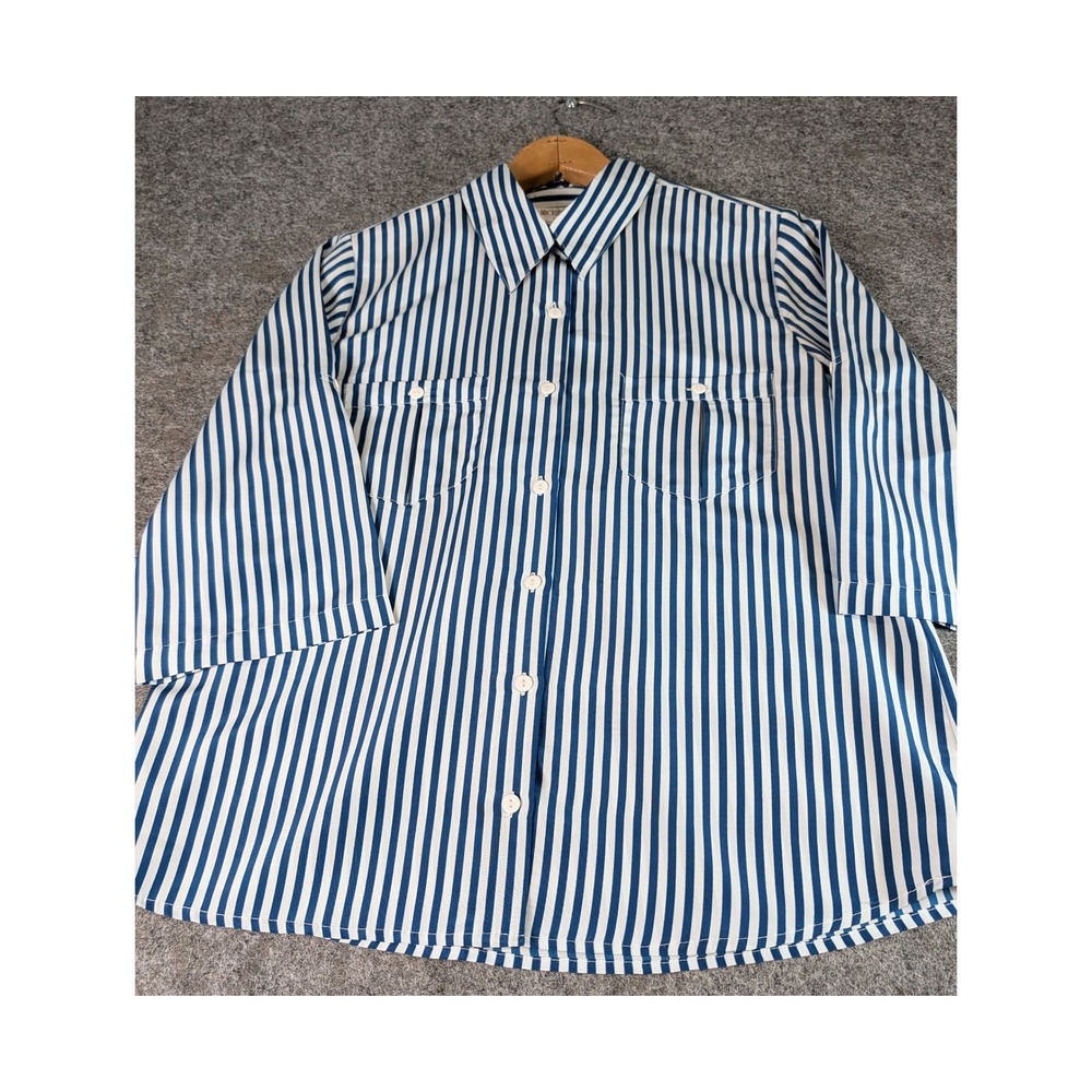 Brownstone Studio Blue White Striped Button Down Shirt 3/4 Sleeve Size 10 EUC